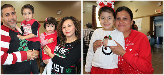 Two Hope Street families smile for a photo while dressed up for Christmas